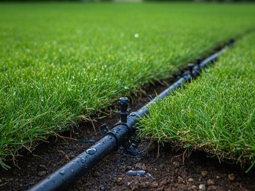 Impianto di irrigazione a goccia installato sotto un prato verde