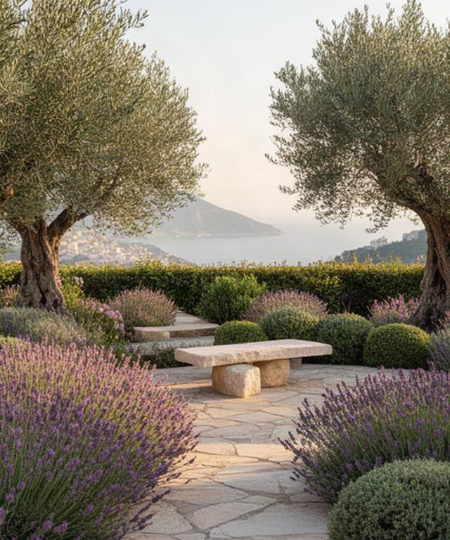 Giardino mediterraneo curato con ulivi, lavanda e sedute in pietra ad Agropoli